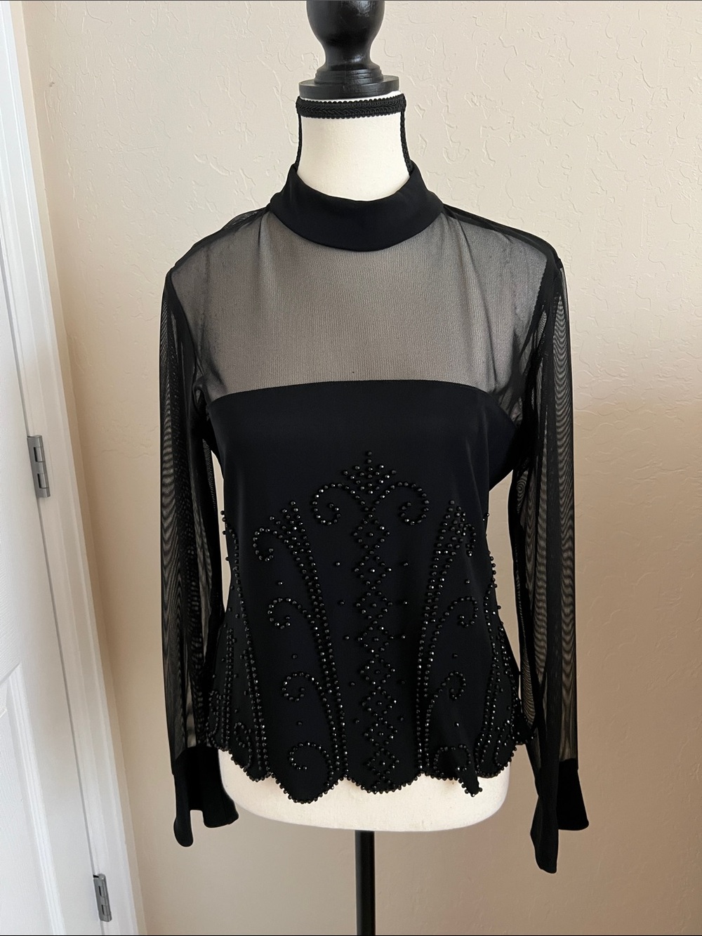 Elegant Black Beaded Sheer-Yoke Blouse